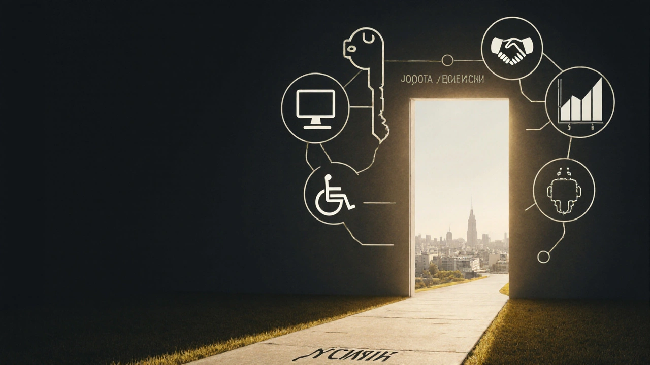 Ключ у вигляді інвалідного крісла, комп&#039;ютера і руки, що відкриває двері до роботи з гідністю.