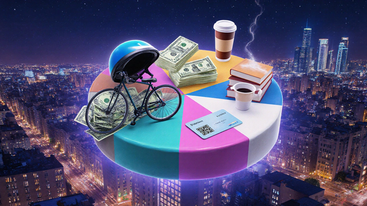 Концептуальна ілюстрація: тижневий дохід студента з елементів роботи — велосипед, готівка, книга, кава.