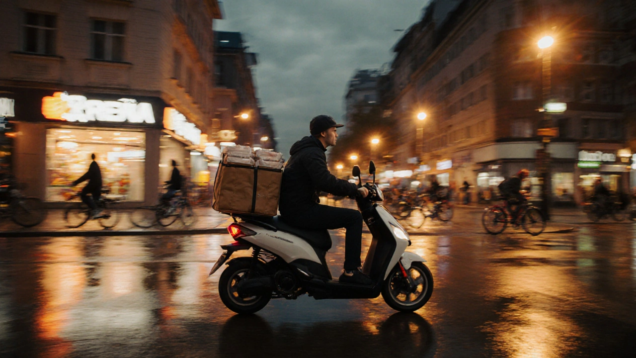 Кур&#039;єр на самокаті доставляє замовлення вночі біля ТРЦ «Арена» в Троещині.