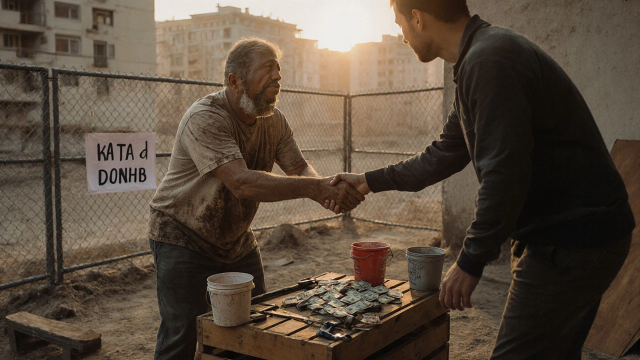Маляр і власник будинку розмінюють готівку на будівельному майданчику в Оболоні.