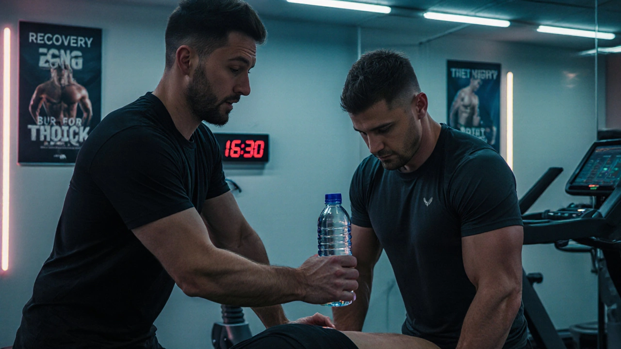 Масажист у фітнес-центрі дає спортсмену масаж після тренування, сучасний інтер&#039;єр.