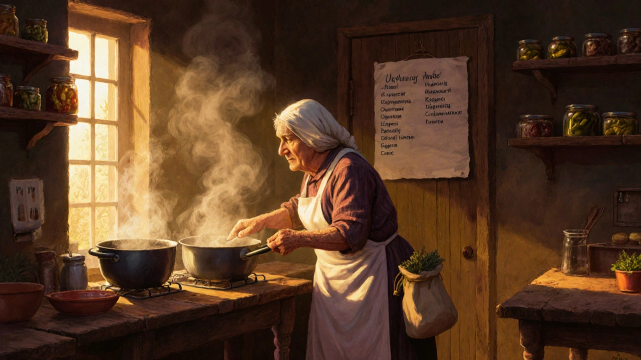 Пожила жінка готує їжу вдома, готовить на замовлення, на кухні видно домашні страви та банки зі засолками.