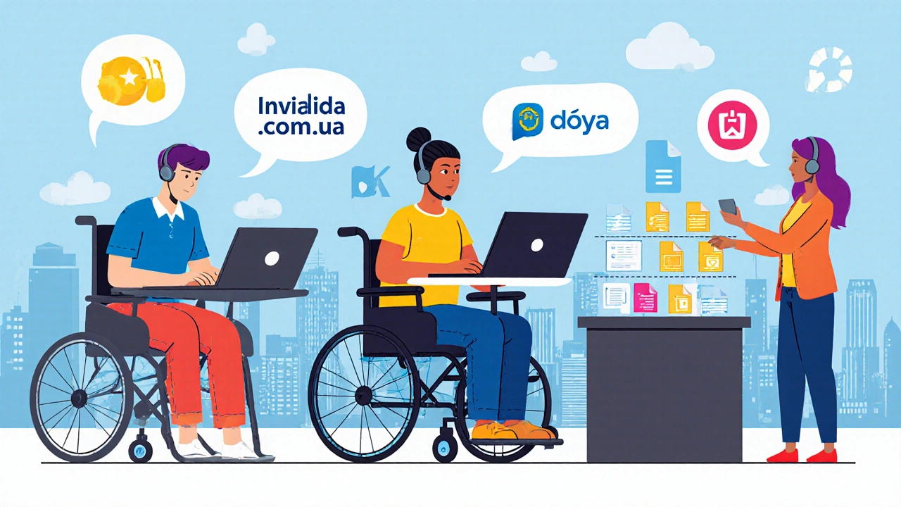 Різні люди з інвалідністю працюють віддалено: оператор, бухгалтер, модератор у Києві.