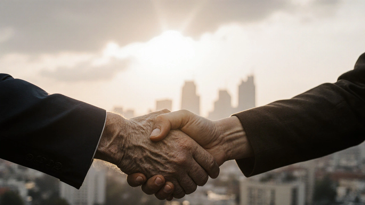 Руки різного віку стискають один одного перед туманним видом Києва на світанку, символізує співпрацю між поколіннями.