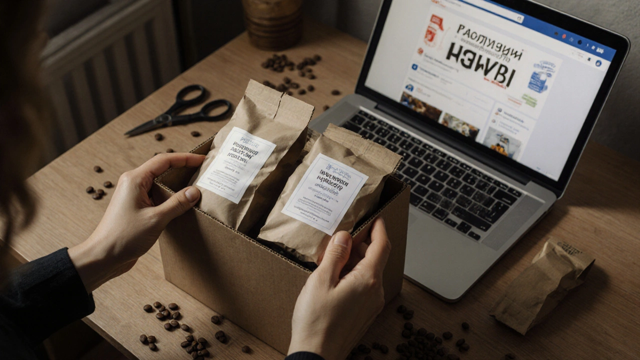 Руки складають запечатані пакети кави в коробку, на тлі — екран з групою.