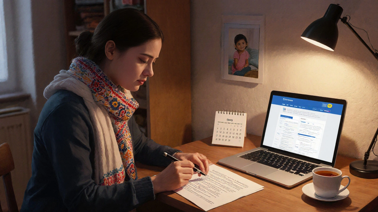 Сиділка переглядає договір за столом, на стіні — фото сім’ї, чашка чаю, лампа освітлює документ