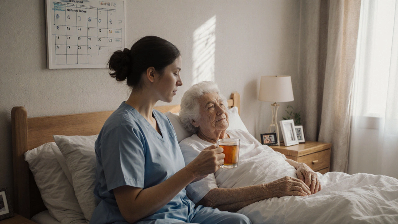 Сиділка сидить з літньою жінкою в сонячній кімнаті, тримаючи чашку чаю.