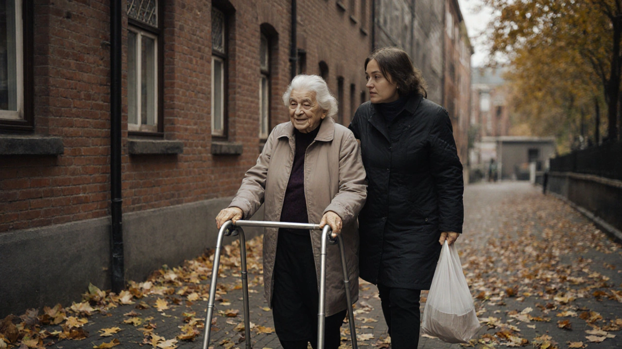 Сиділка супроводжує літню жінку з ходунками у дворі Києва, осінні листя, мішок з продуктами