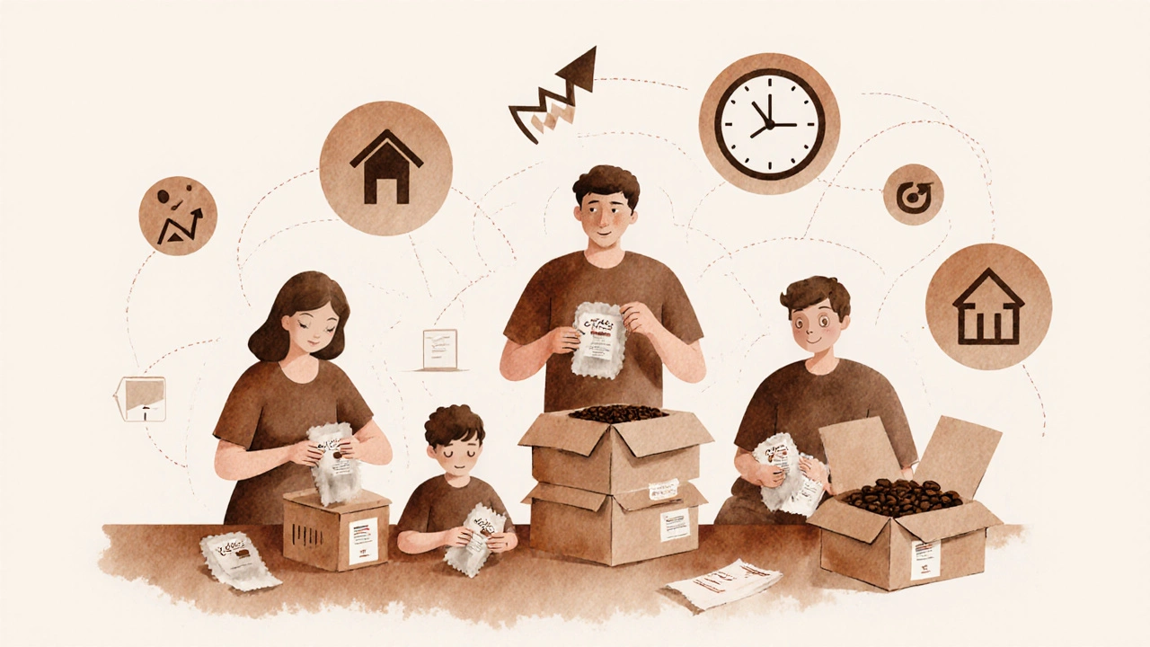 Сім&#039;я разом фасує каву вдома: мама, тато і дитина працюють разом.