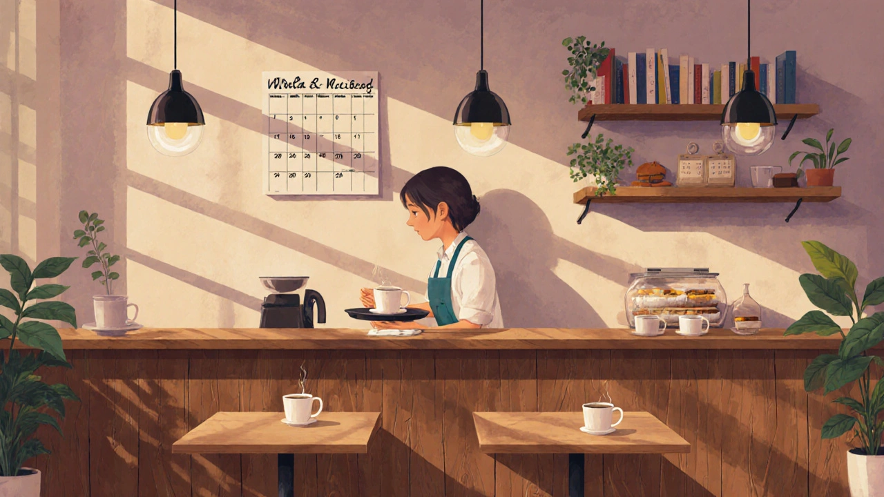 Студент допомагає у кав&#039;ярні після пар, протирає столи з подносом кави.