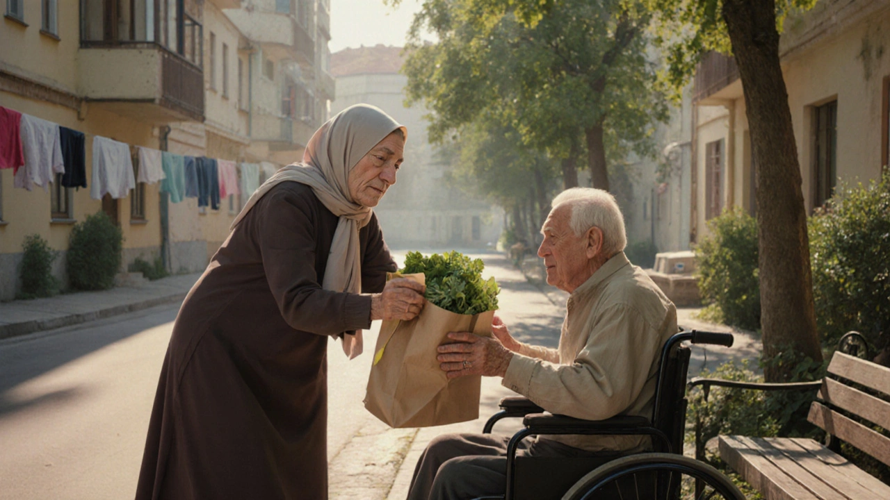 Жінка 50+ надає допомогу пожилому чоловікові, отримуючи готівку за день.