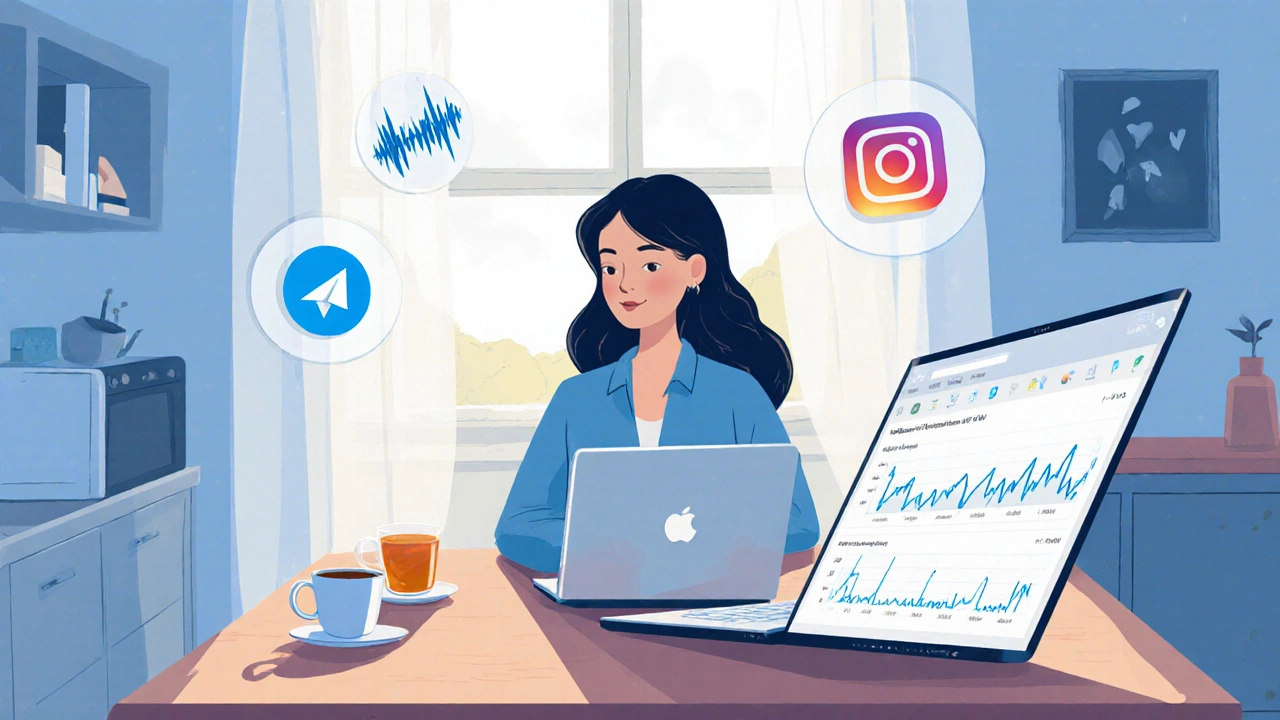 Жінка працює з дому за ноутбуком з чашкою чаю на кухні