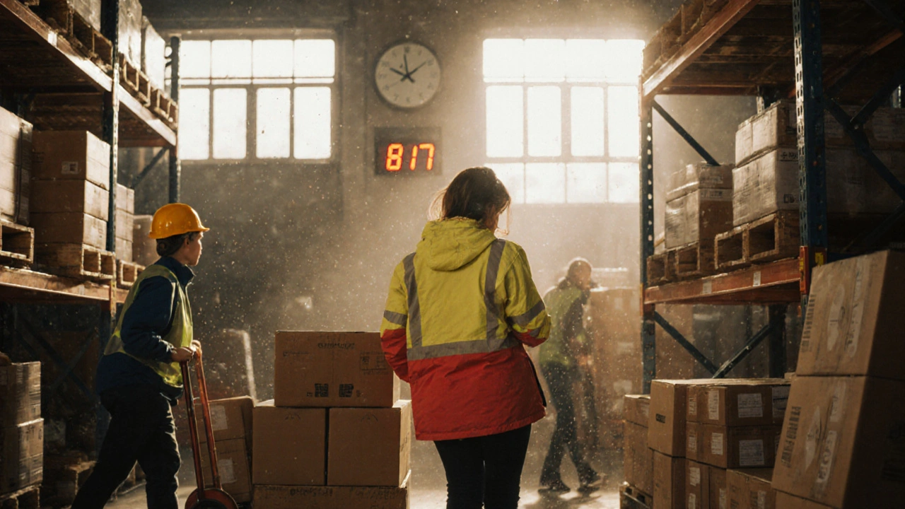 Жінка упаковує коробки на складі в Києві, навколо неї — рухливі робітники.