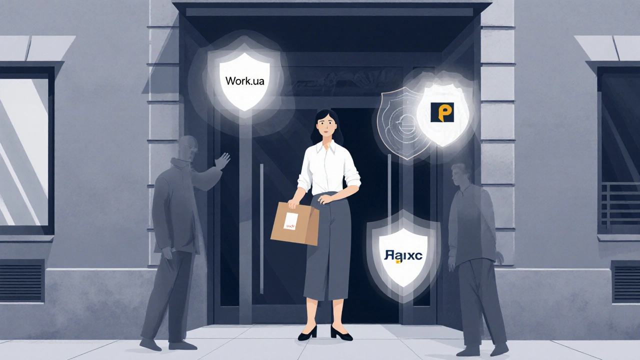 Жінка в новобудові на Лівобережжі отримує посилку, навколо — логотипи чесних роботодавців.