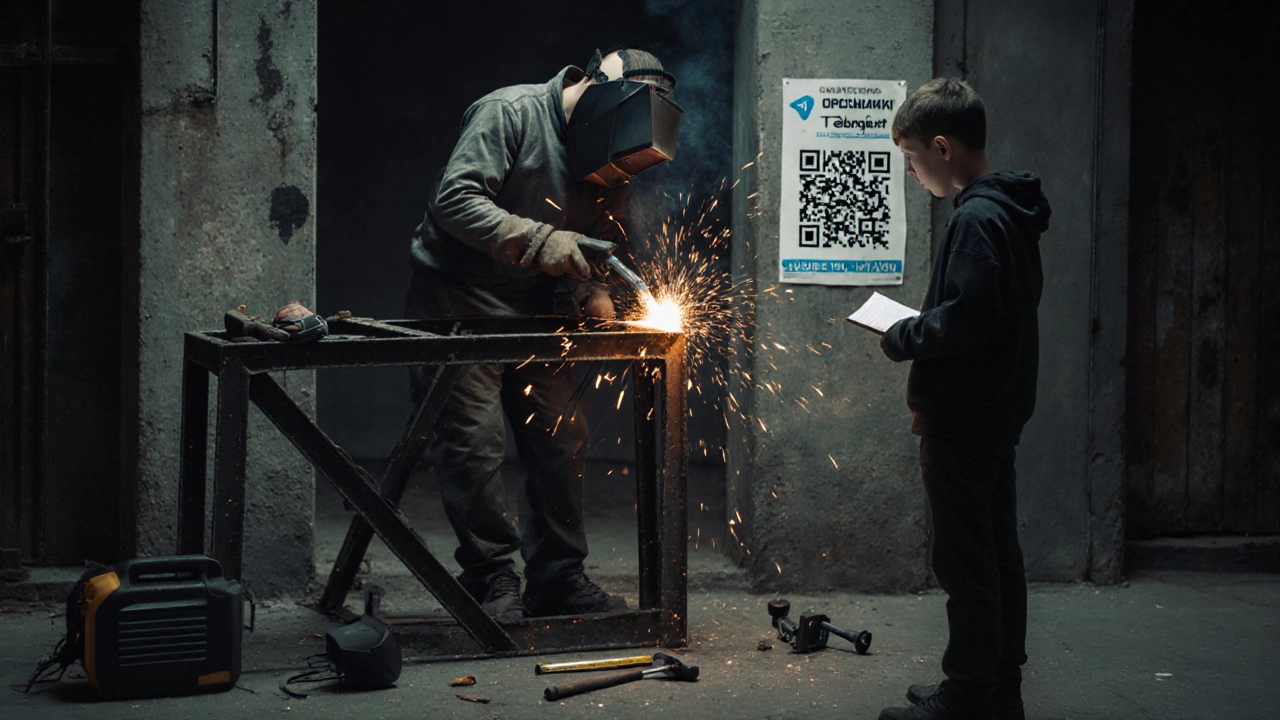 Зварювальник працює на будівельному об&#039;єкті, іскри літають, молодий учень спостерігає за ним.