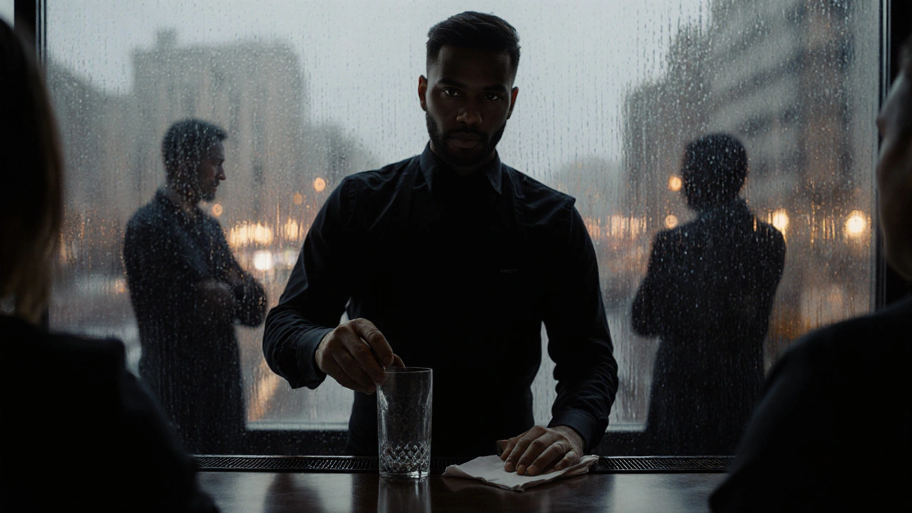 Бармен дбає про клієнта, а за ним — тіні минулих відвідувачів у міському барі.