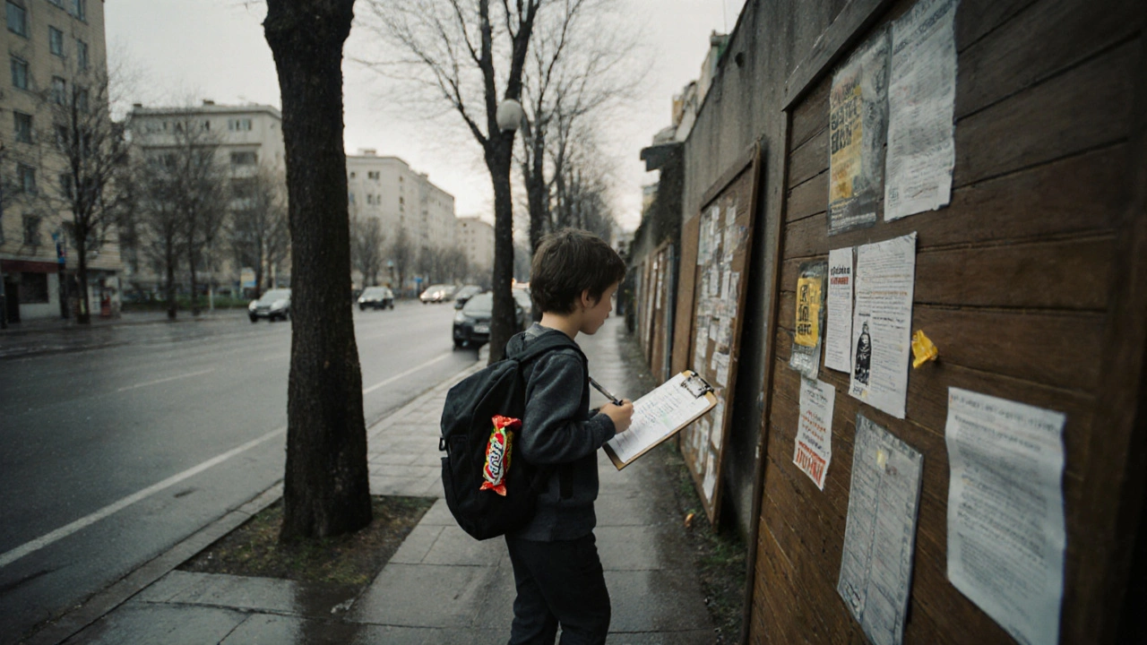 Дитина йде вулицею зі списком і розклеює оголошення на дозволених дошках.