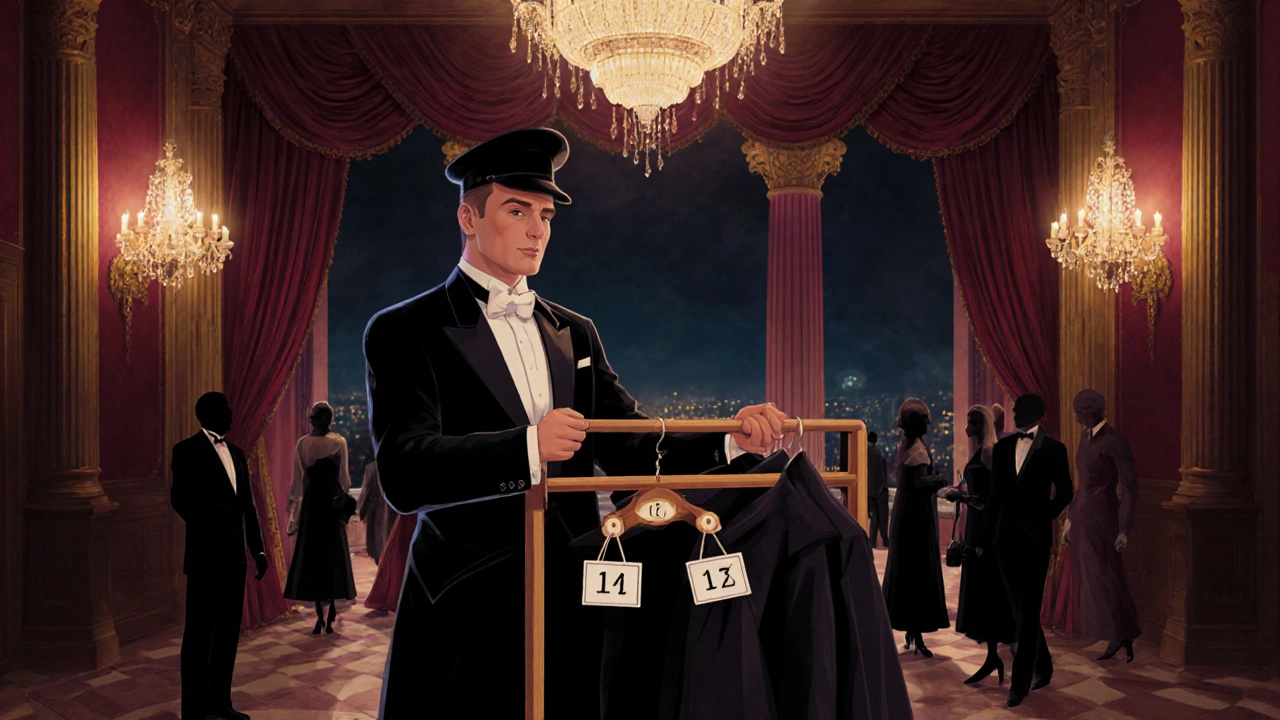 Гардеробниця в театрі Опери та балету тримає шпильки з пальтами під м&#039;яким світлом хіанделів.