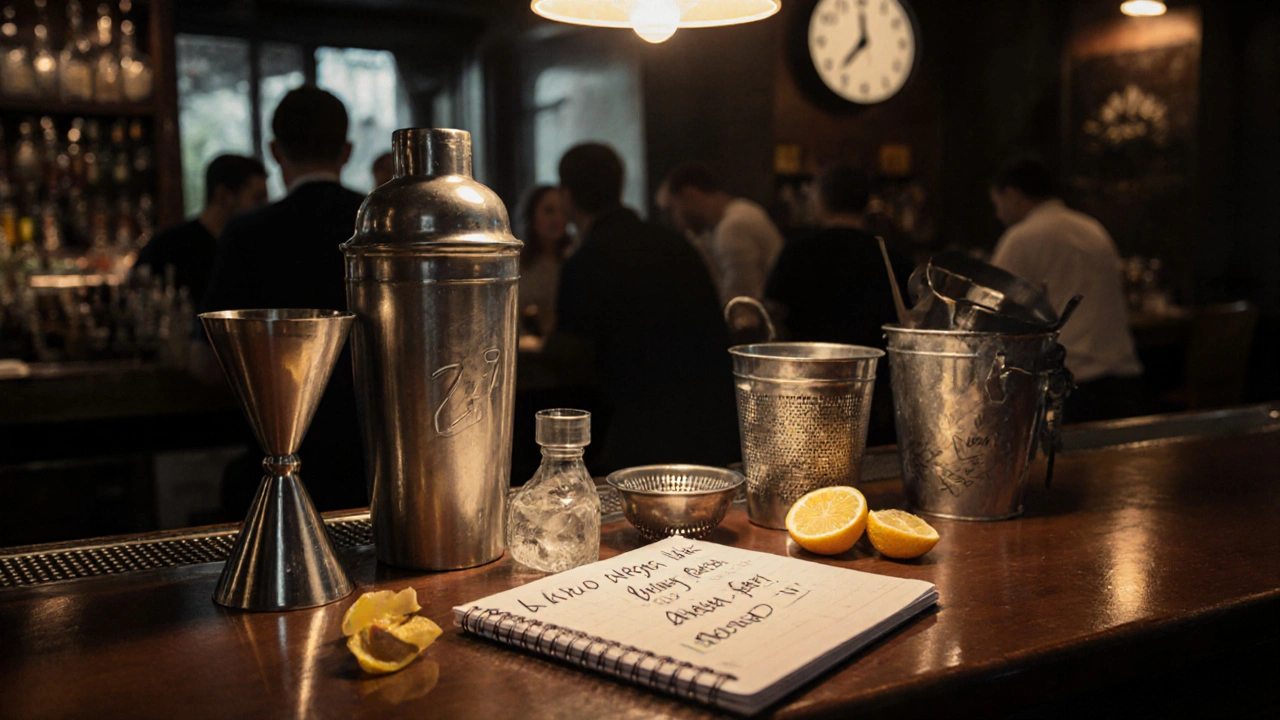 Інструменти бармена на барній стійці: мірки, шейкер, лід, записки з замовленнями.