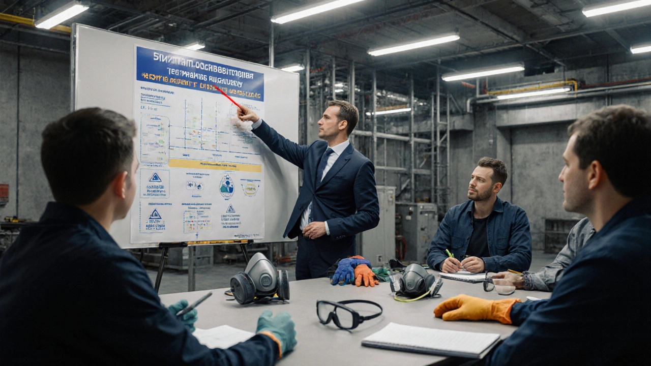 Інженер проводить інструктаж з безпеки для працівників на виробництві.