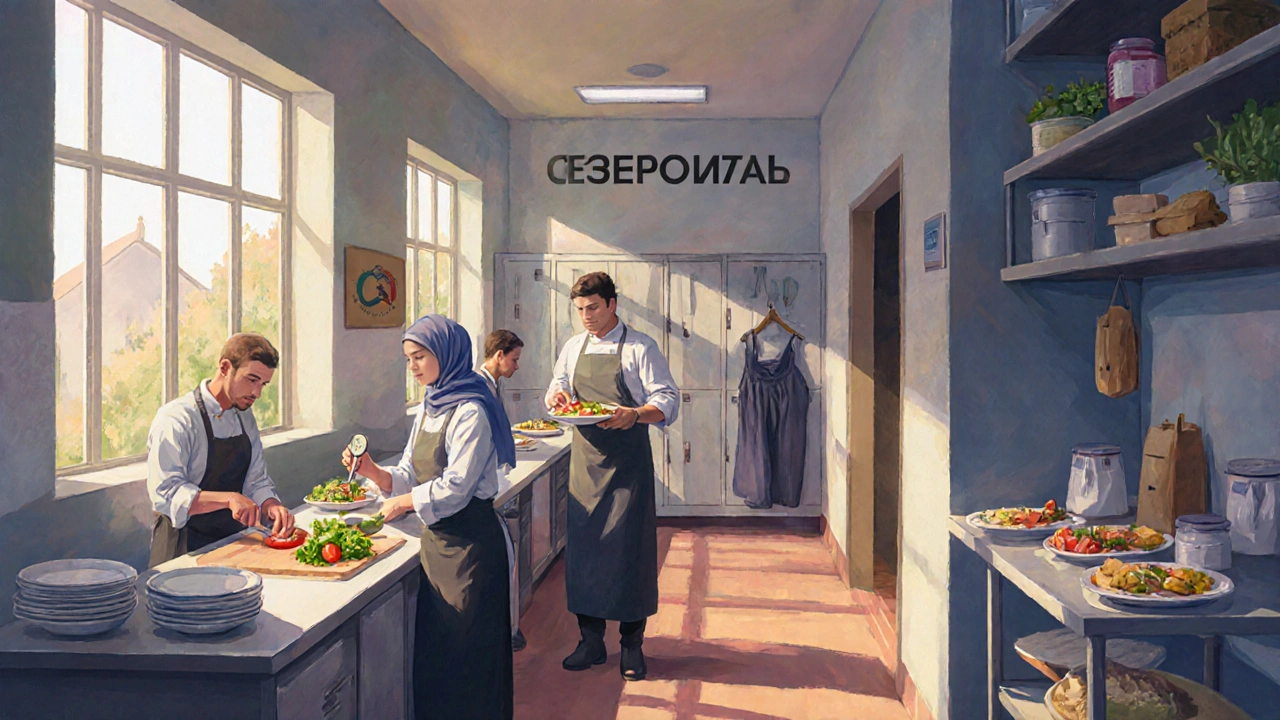 Кухня медичного центру з персоналом, що готує їжу, зі шафами для одягу та днівним світлом.