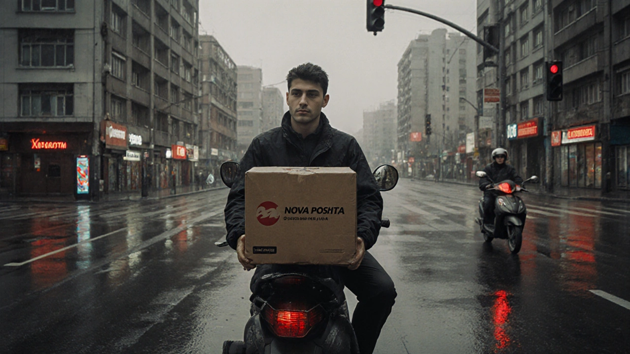 Кур&#039;єр на мотоциклі чекає на світло біля складу в Теремках