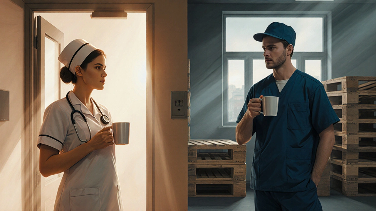 Медсестра і вантажник відпочивають з кавою під час зміни в Києві.