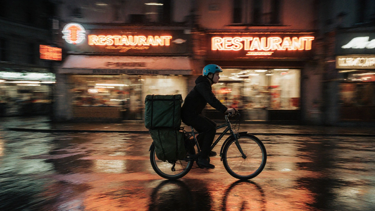 Молодий кур&#039;єр їде на велосипеді вночі по дощових вулицях Києва, навколо — неонові вивіски.