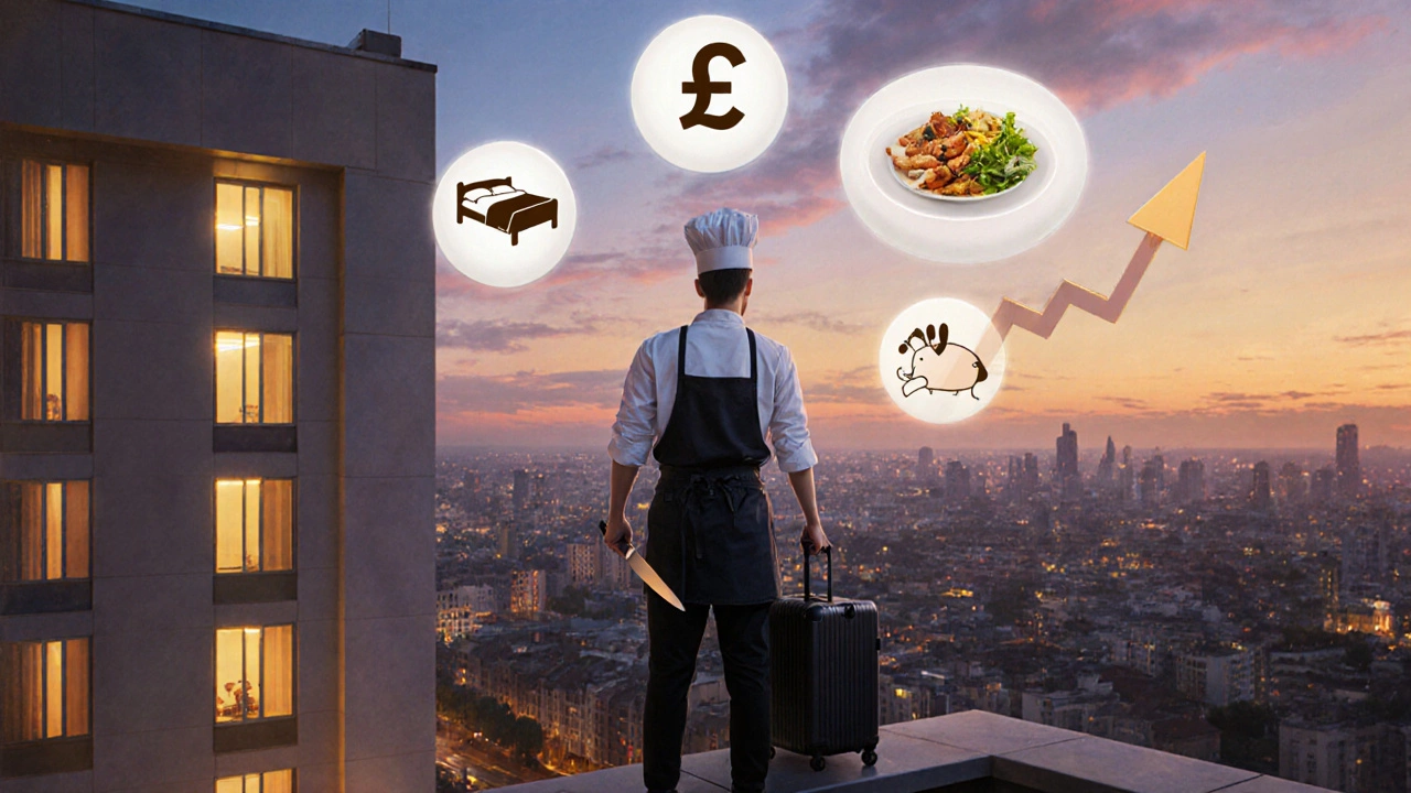 Молодий повар стоїть на балконі зі suitcases, за ним — готель, а над містом — символи зарплати, житла та заощаджень.