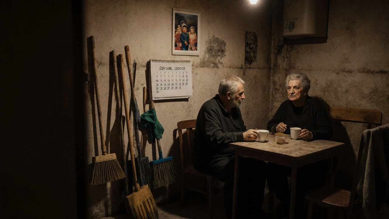 Пара віком за 50 сидить за кухонним столом у маленькій кімнаті в будинку, навколо — інструменти для прибирання.