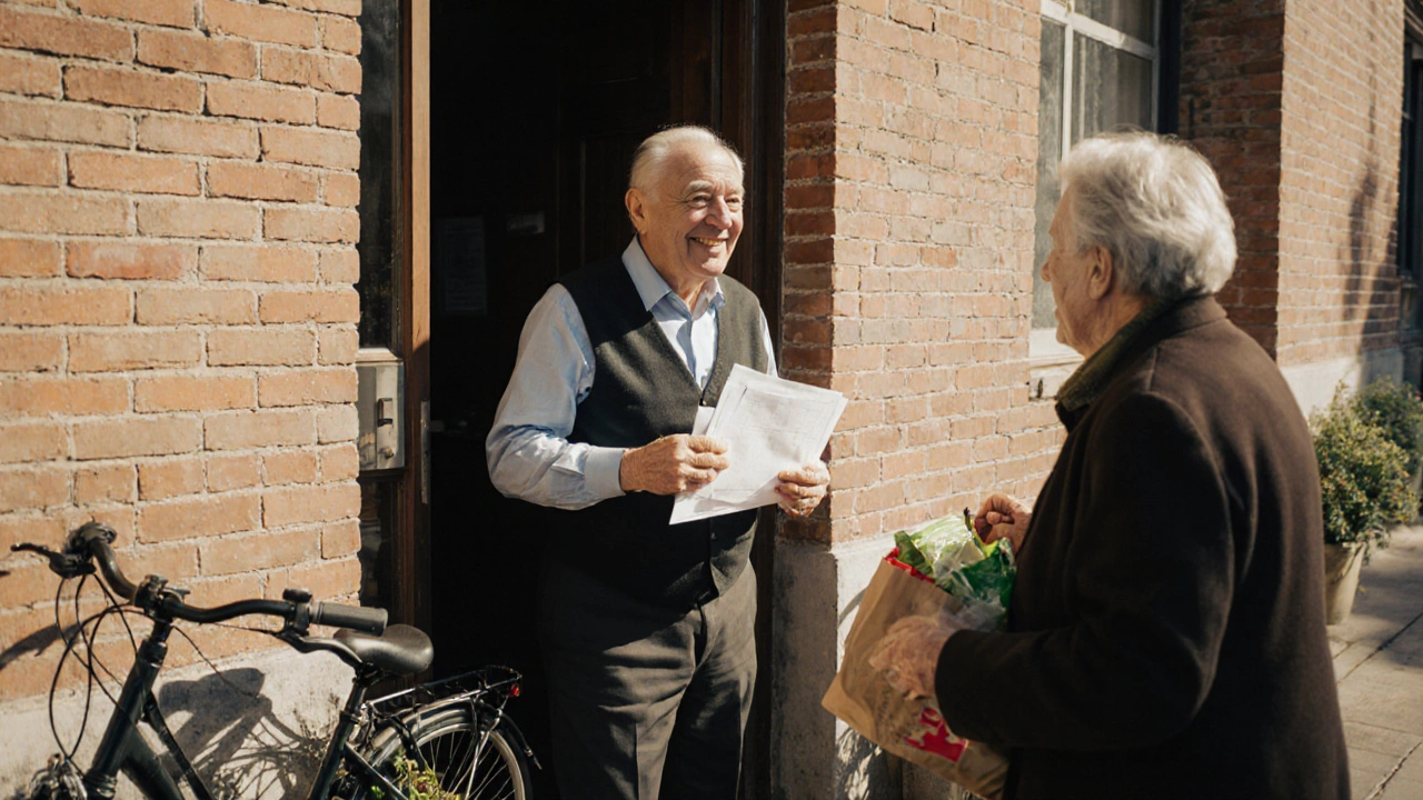 Пенсіонер-консьєрж відкриває двері для сусіда з покупками