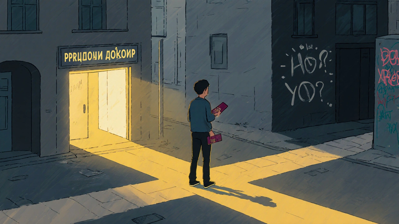 Підліток на роздоріжжі: один шлях — до офіційної роботи з паспортом і карткою, інший — у тінь.