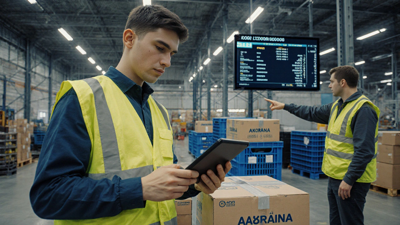 Працівник на складі в Харківському районі Києва сканує вантажі за допомогою планшета.