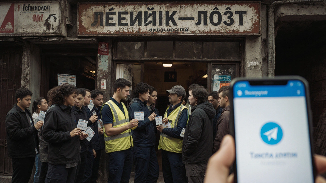 Працівники стоять перед офіційним складом у Оболоні з ідентифікаторами та розкладами.