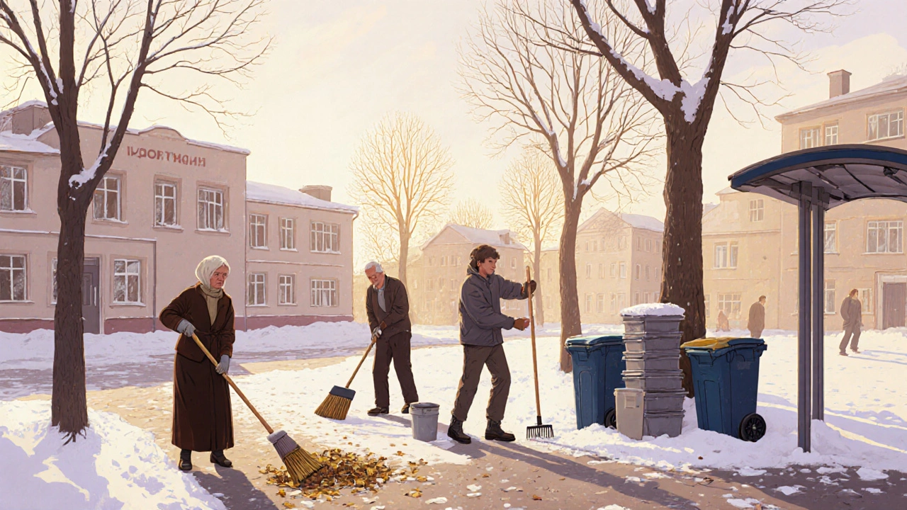 Різні люди працюють дворниками ранком у Києві: жінка, чоловік і студент, підметають, копають сніг і збирають сміття.