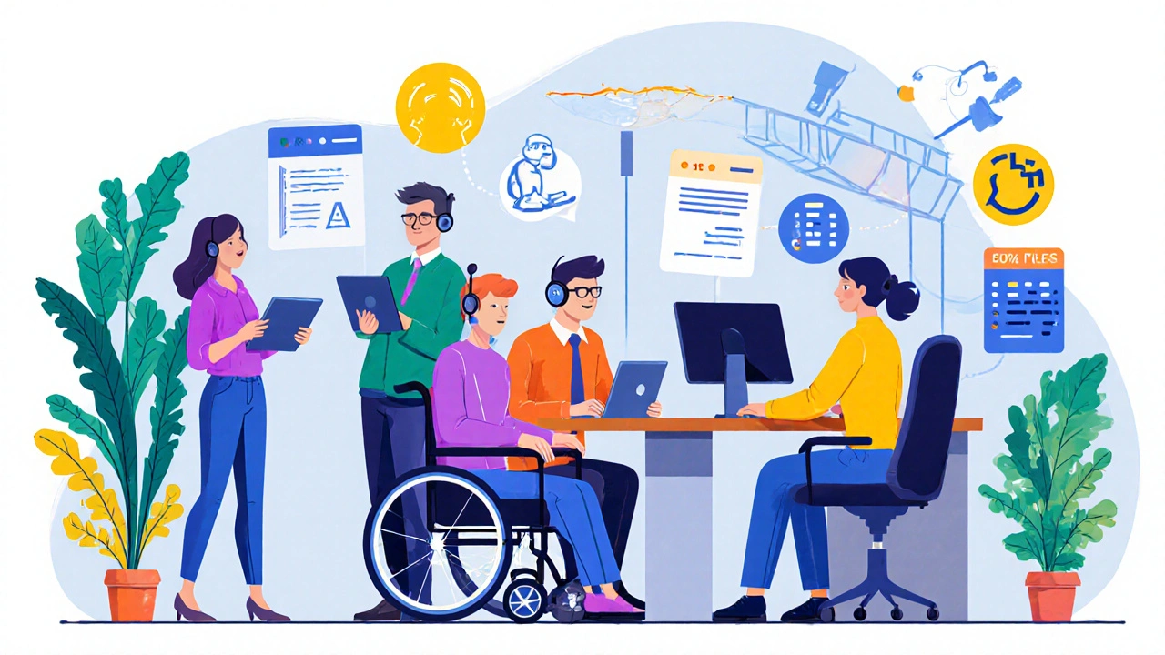 Різноманітна група людей з інвалідністю працює в сучасному офісі в Києві.