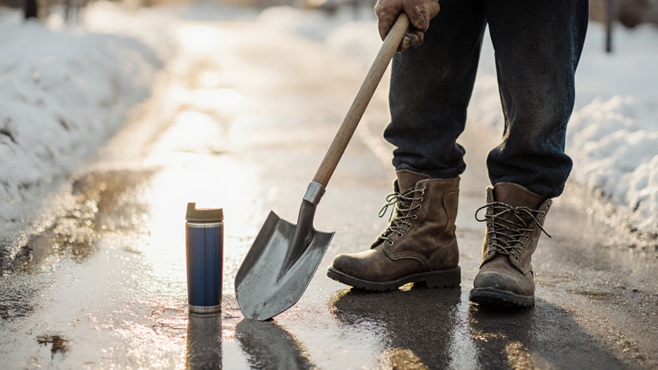 Рука з лопатою і робоче взуття на снігу — символ щоденної праці дворника в зимовому Києві.