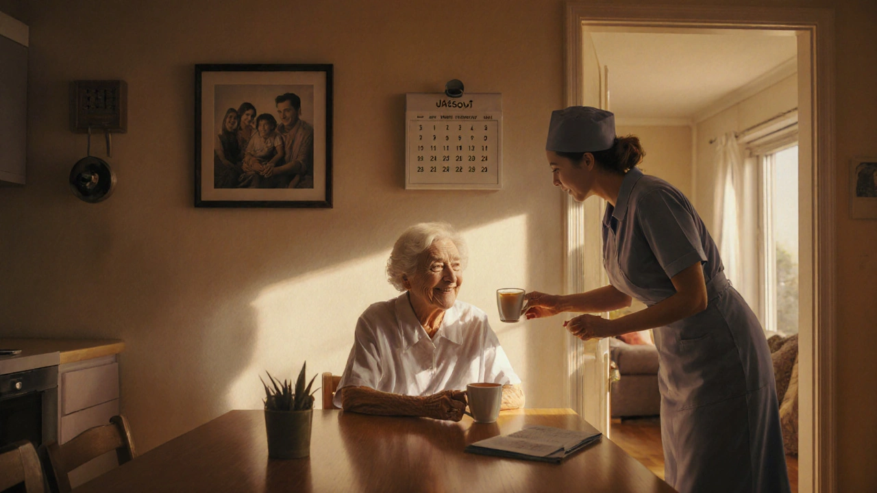 Сиділка подає чай літній жінці в домашньому оточенні в Теремках