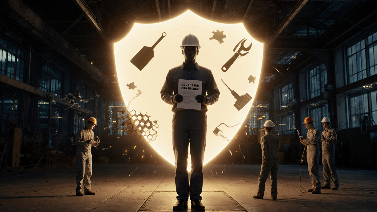 Символічне зображення захисту працівників завдяки діяльності інженера з охорони праці.