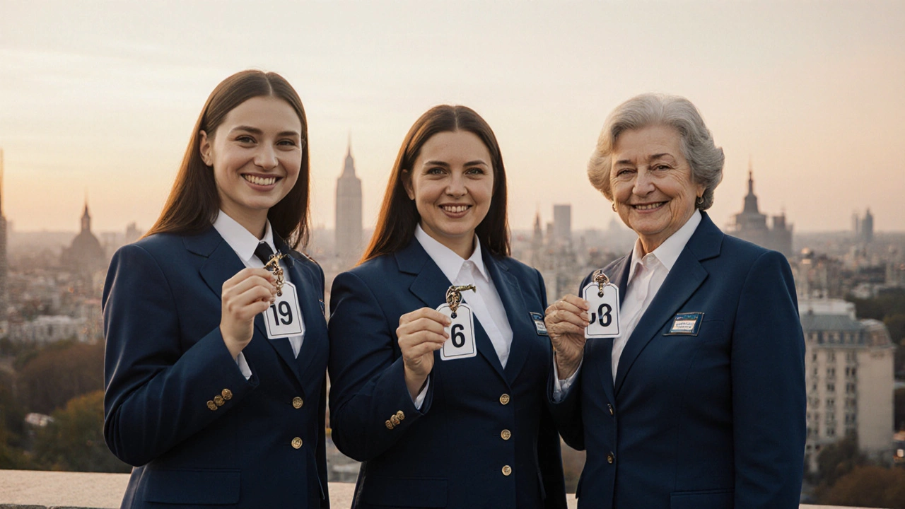 Три жінки різного віку в одинакових формах гардеробниць стоять разом перед панорамою Києва на заході сонця.