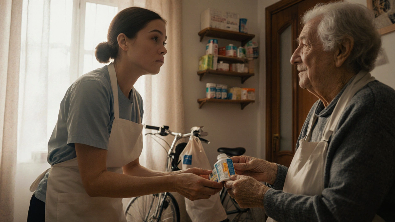 Жінка після 45 років доставляє ліки літній особі в приватному будинку в Осокорках.