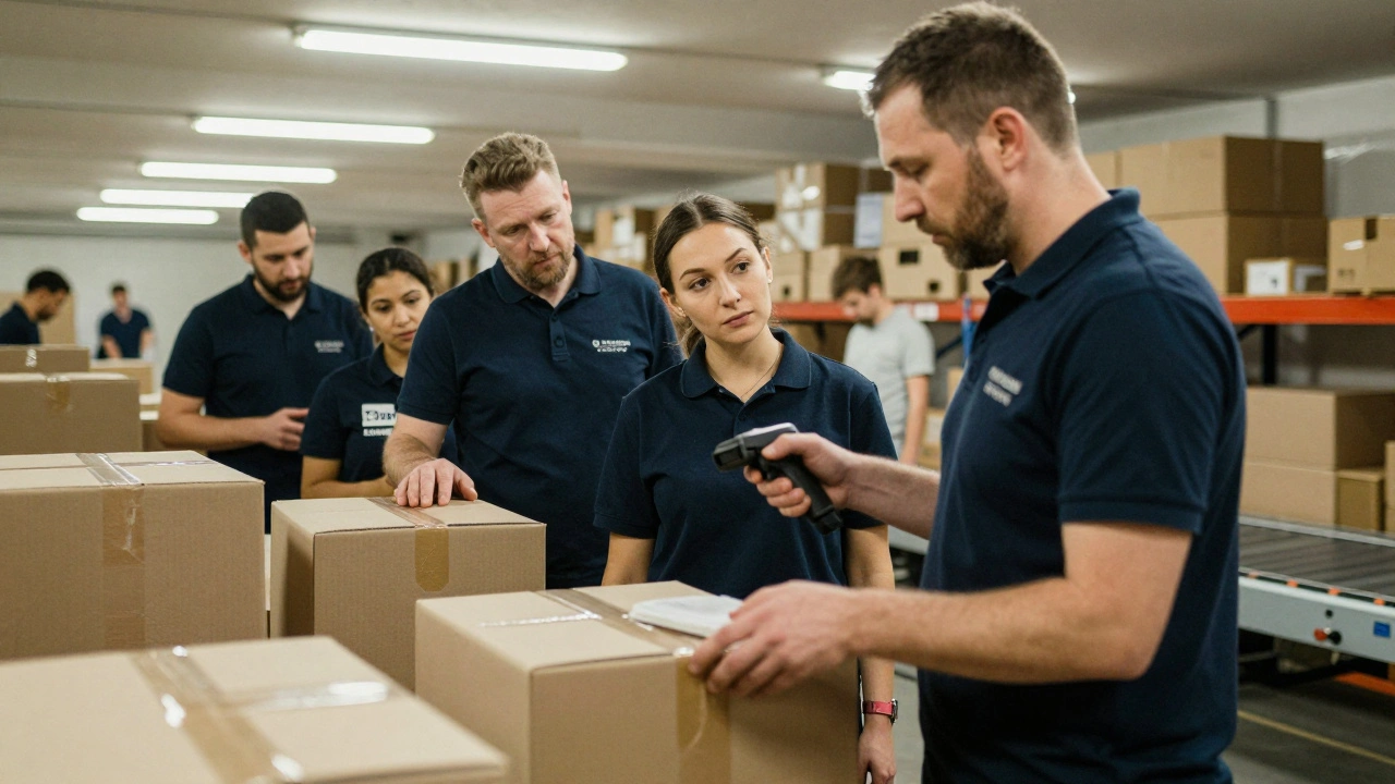 Група новачків на складі вивчає, як правильно пакувати коробки під наглядом досвідченого працівника.