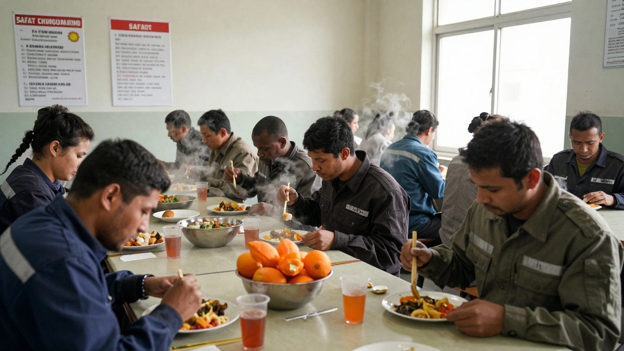 Група працівників їсть разом у їдальні компанії, на стінах — інструкції з безпеки.