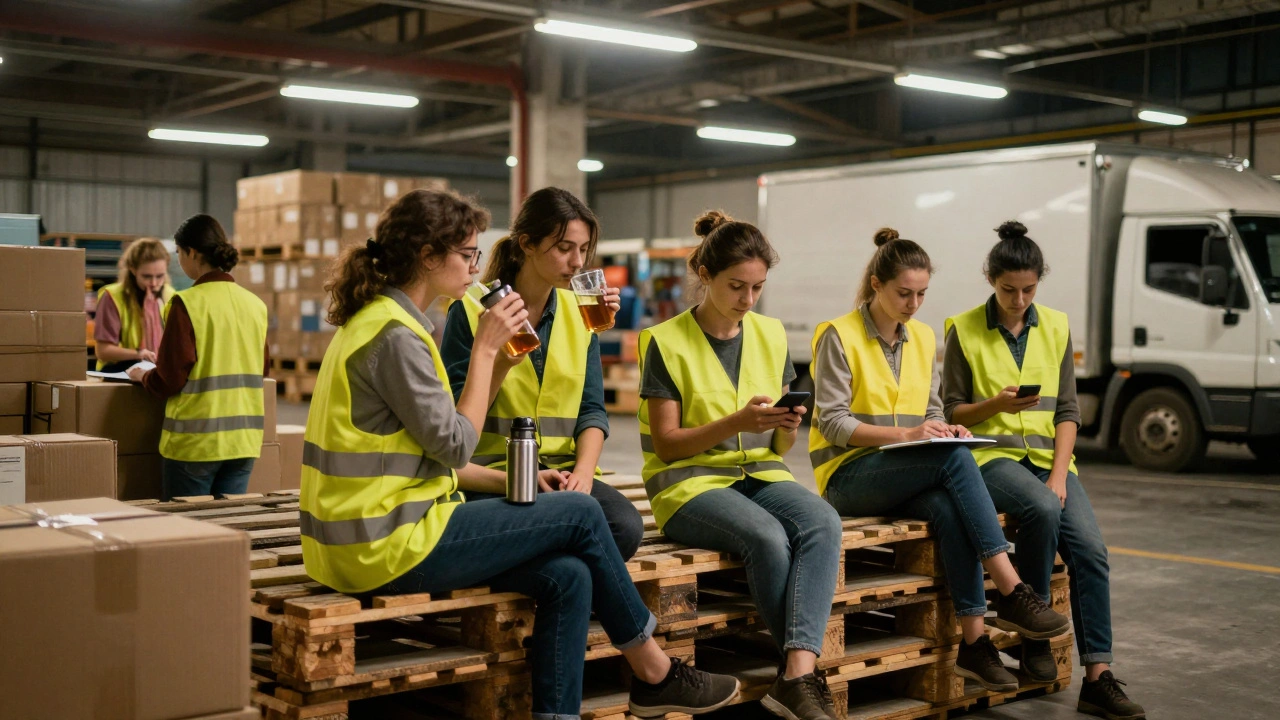 Група жінок-пакувальниць відпочиває на складі вночі з чашками чаю та телефонами.