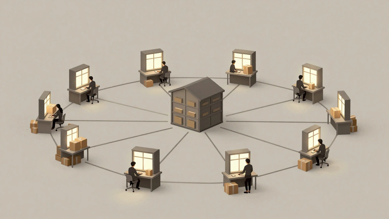 Карта Києва з віконами, що символізують домашнє фасування, з’єднані з логістичним центром.