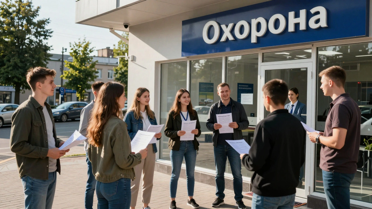 Люди чекають перед офісом охоронної компанії в Києві, щоб подати заявку на роботу.