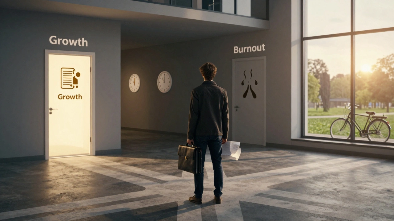 Людина на розі в офісі: один шлях — зростання, інший — вигорання, третій — вікно з парком.