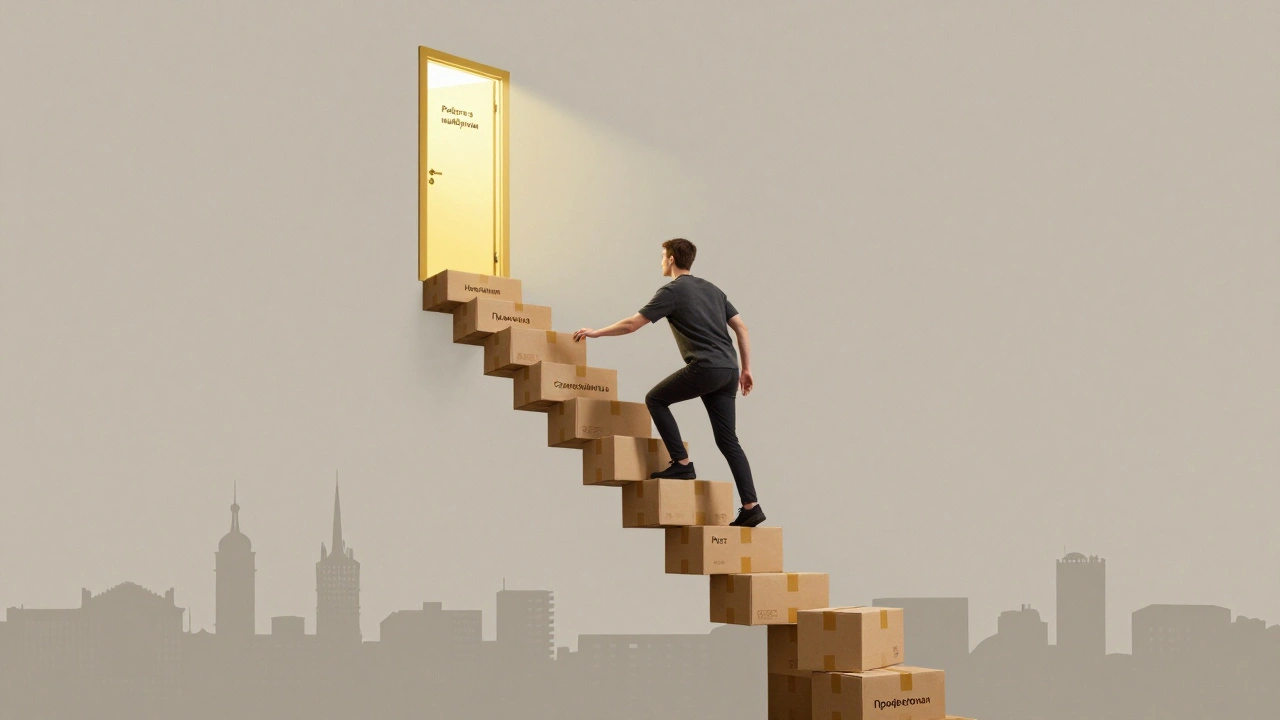 Людина піднімається сходами з коробок до дверей з написом 'Робота з майбутнім' над Києвом.
