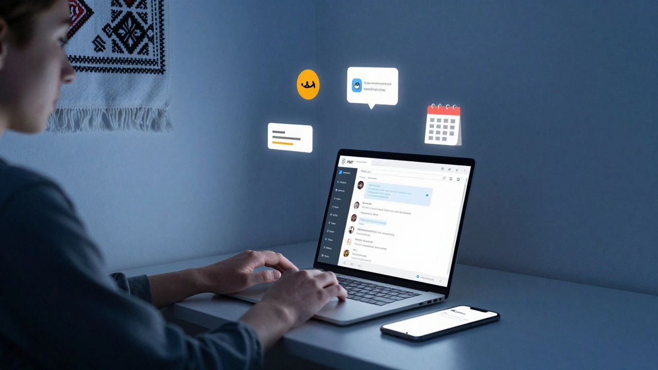 Людина працює з дому в Києві, відповідаючи на запити онлайн, з ноутбуком і телефоном.