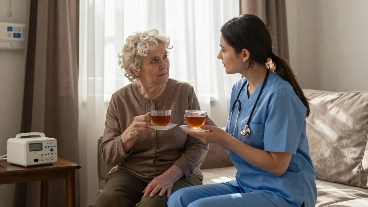 Медсестра доглядає за літнім пацієнтом у домашніх умовах у Києві.